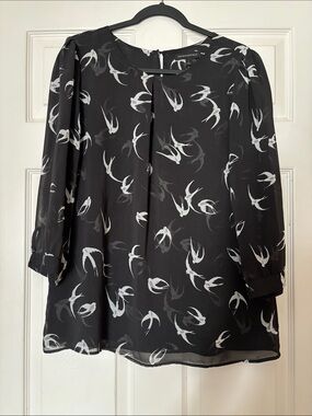 Banana Republic Black Chiffon Blouse with White Bird Print